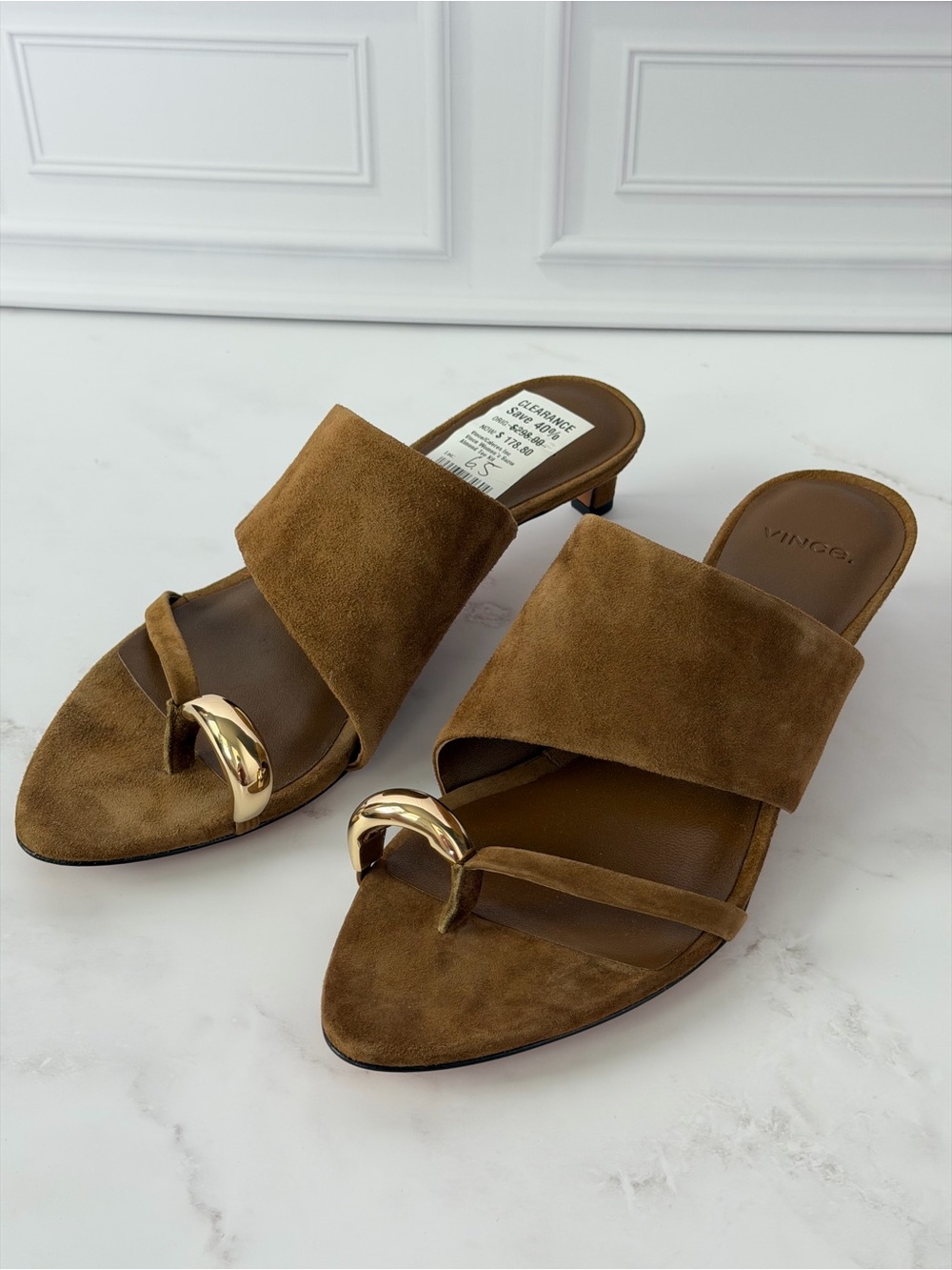 Vince Brown Suede Toe-Ring Mules with Gold Accent